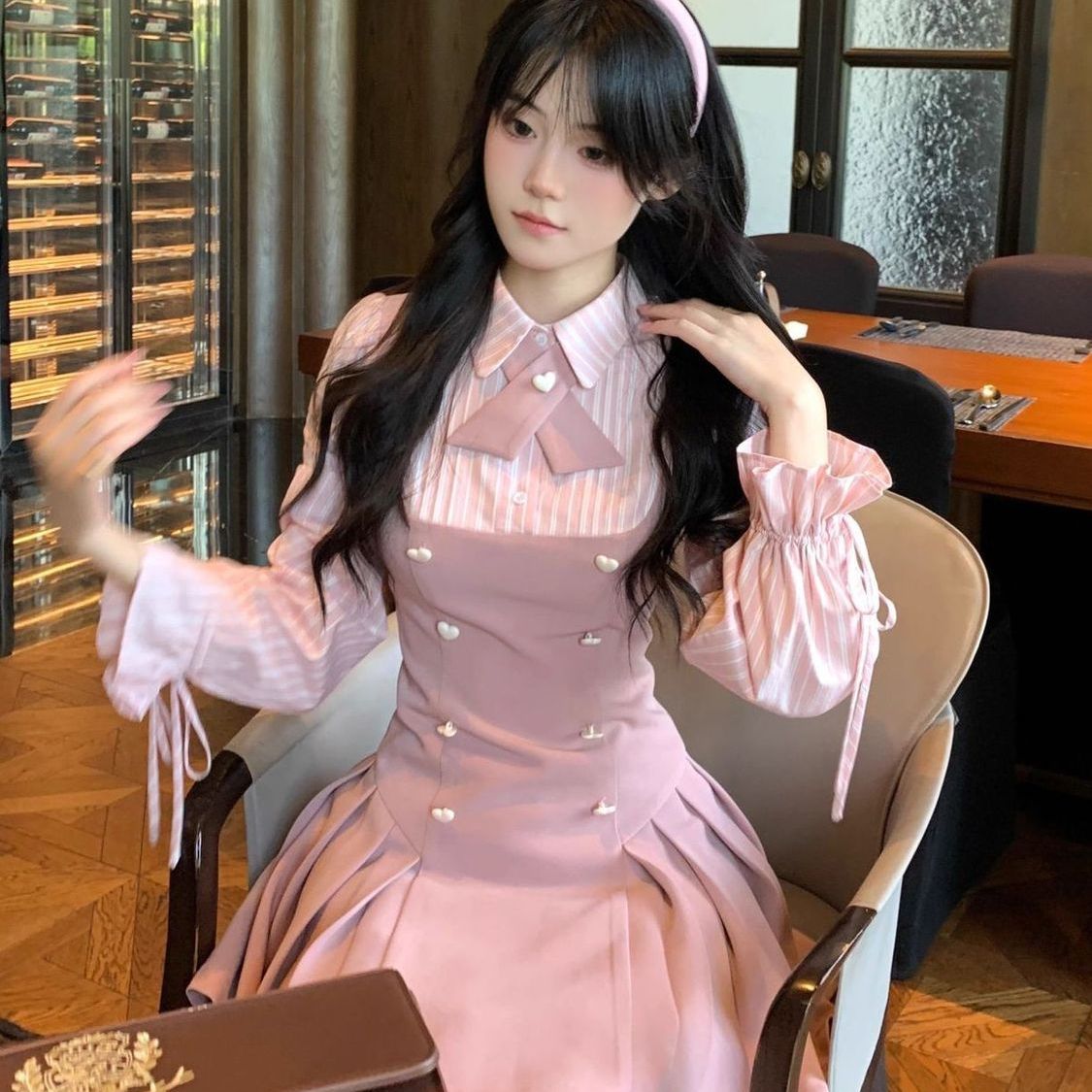 大码甜美学院风假两件连衣裙