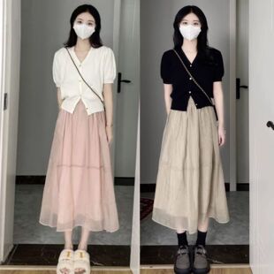 大码胖mm夏季法式温袖针织柔短网纱女纯色半身裙时尚气质两件套装