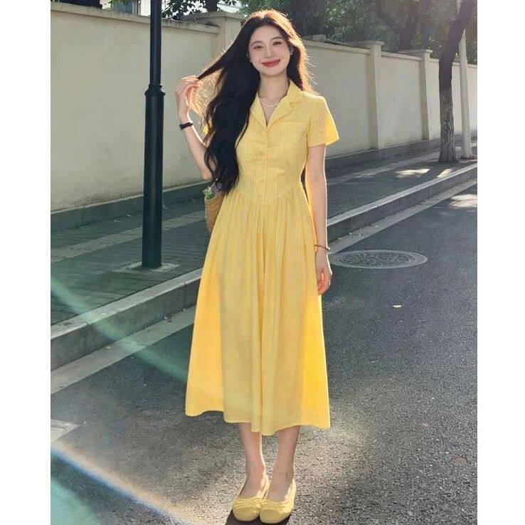 大码胖mm2026夏季新款减龄黄色收腰长裙女韩版时尚遮肉显瘦连衣裙