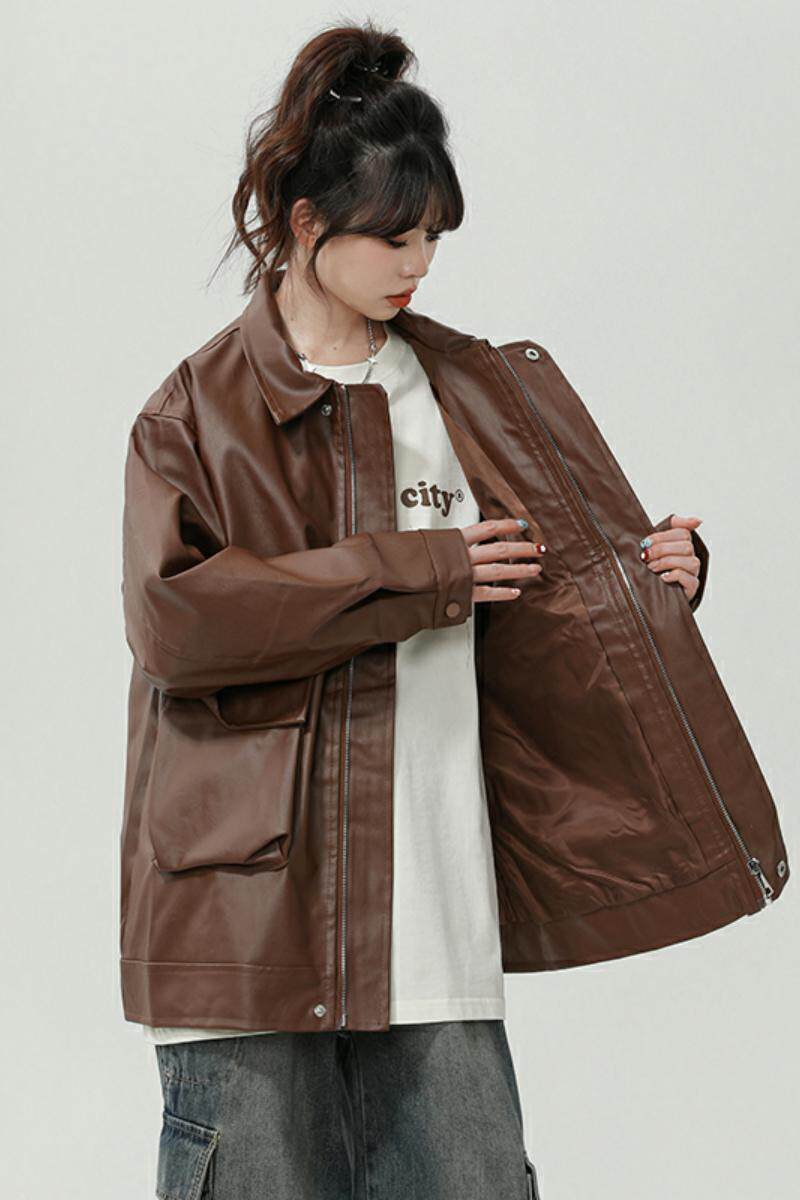 XZ413HW235-P90-2025秋装新款机车PU时尚休闲潮流工装中性风外套,女装皮衣,星座413（原星座105C）