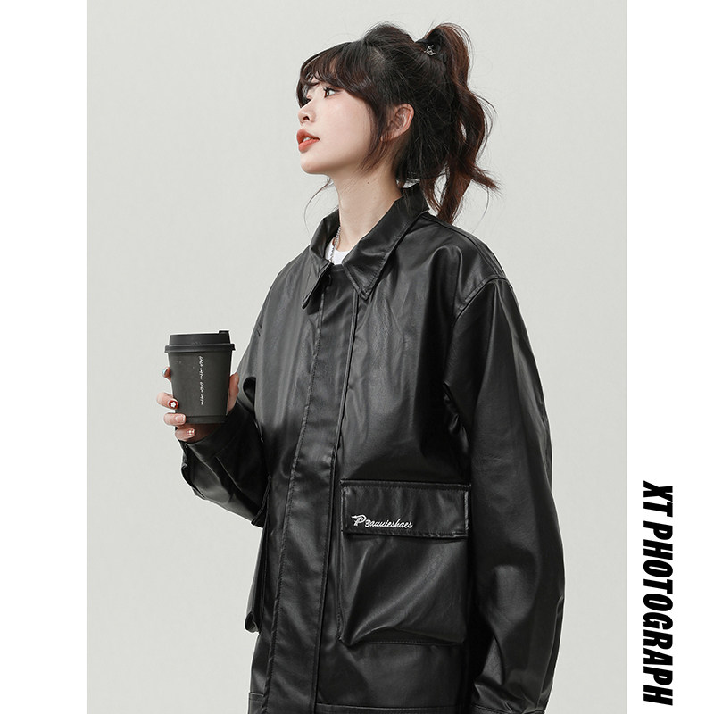 XZ413HW235-P90-2025秋装新款机车PU时尚休闲潮流工装中性风外套,女装皮衣,星座413（原星座105C）