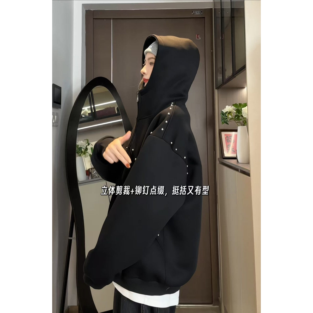 XZ413-HT162-P70-秋装新款铆钉拼接无耳朵尚百搭青少年连帽卫衣,男装卫衣,星座413（原星座105C）