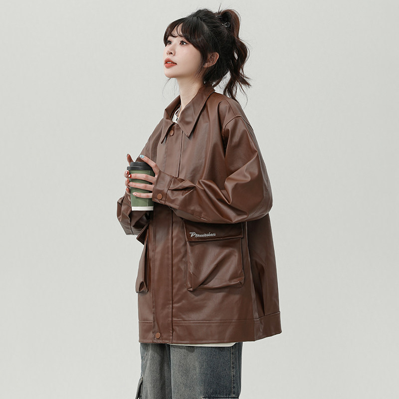XZ413HW235-P90-2025秋装新款机车PU时尚休闲潮流工装中性风外套,女装皮衣,星座413（原星座105C）