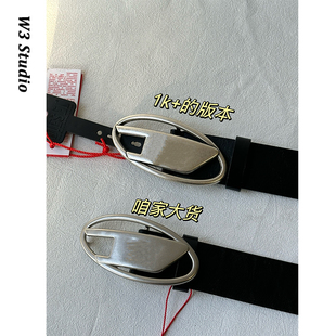 w3欧美小众D扣ins复古真皮做旧银色扣牛皮叮当腰带辣妹男女款百搭