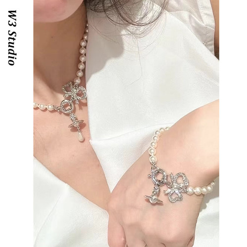 高品质土星蝴蝶结水滴珍珠项链女