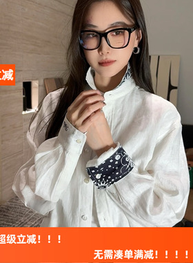 HLY春新款亚麻棉长袖腰花上衣女 休闲风宽松百搭透气老钱白衬衫