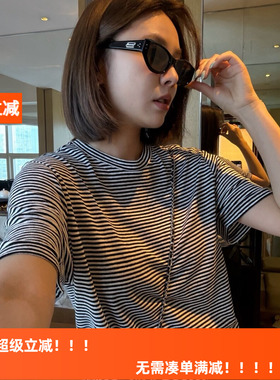 HLY春夏款宽松透气亚麻黑白条纹圆领短袖T恤简约休闲风百搭上衣te