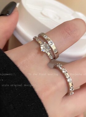 甜酷微镶锆石开口可调节戒指女简约冷淡风食指戒情侣精致指环套装