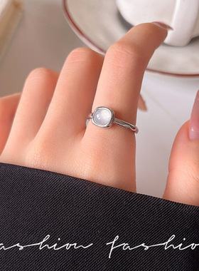 韩系白月光戒指女简约个性大气冰透猫眼几何方形指环开口食指戒子