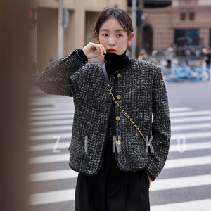 ZINKO黑灰格 小香风单排扣H型廓形宽松 帅气短款羊毛呢外套大衣女