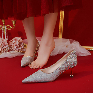 子女2023年新款 亮片结婚鞋 婚纱新娘水晶鞋 平时可穿高跟伴娘礼服鞋