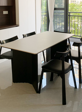 德利丰纯白岩板实木餐桌 长方形家用饭桌黑白色 胡桃木中古风桌子