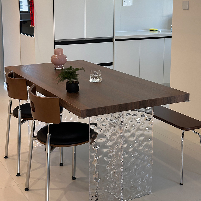 亚克力水波纹悬浮黑胡桃木纹岩板餐桌 家用 极简风中古风饭桌别墅
