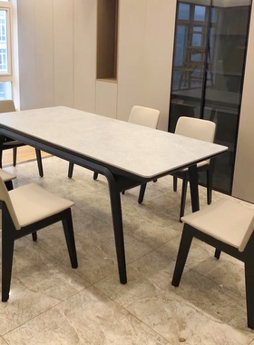 德利丰实木岩板餐桌现代简约进口白蜡木腿长方形白色岩板餐桌椅