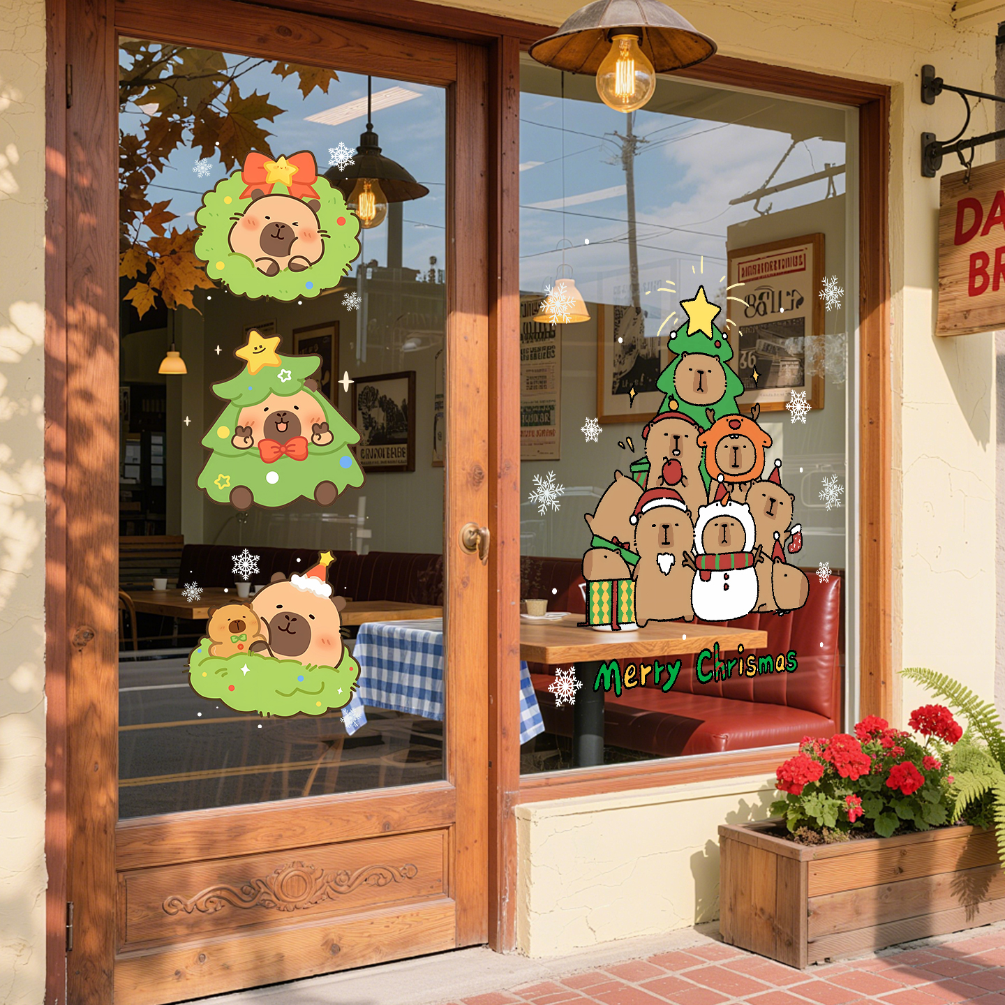 2026卡皮巴拉圣诞节装饰布置贴纸静电玻璃橱窗贴新年家用卡通窗花