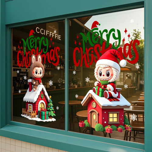 卡通Labubu拉布布玻璃贴纸圣诞节装饰商场玩具店铺橱窗节庆用品