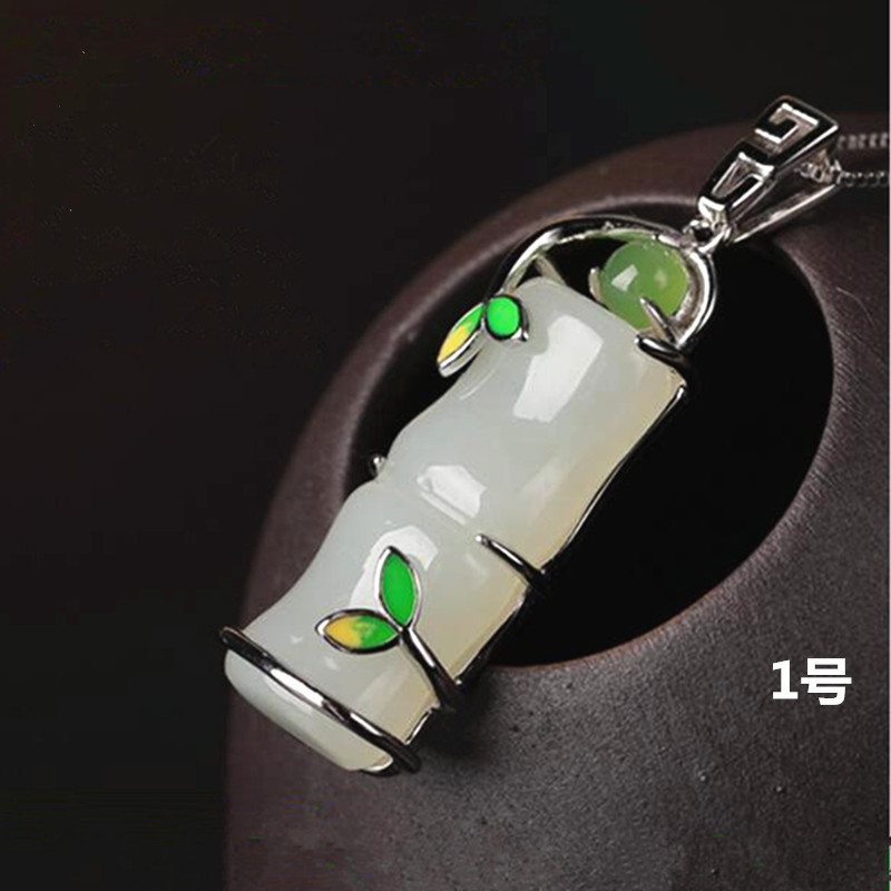 天然和田玉竹节吊坠S925纯银镶嵌女节节高项链白玉坠竹子玉器挂件