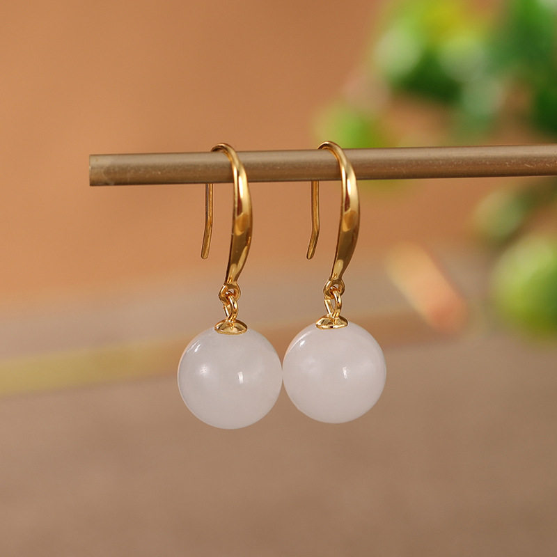 S925镀金和田玉白玉复古简约耳坠