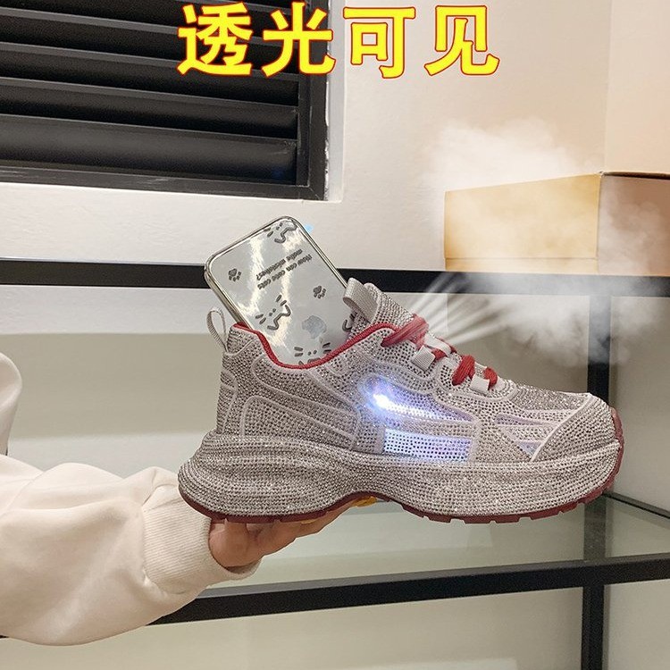 欧洲站2025春夏新款圆头系带满钻厚底老爹鞋女百搭时尚休闲鞋单鞋