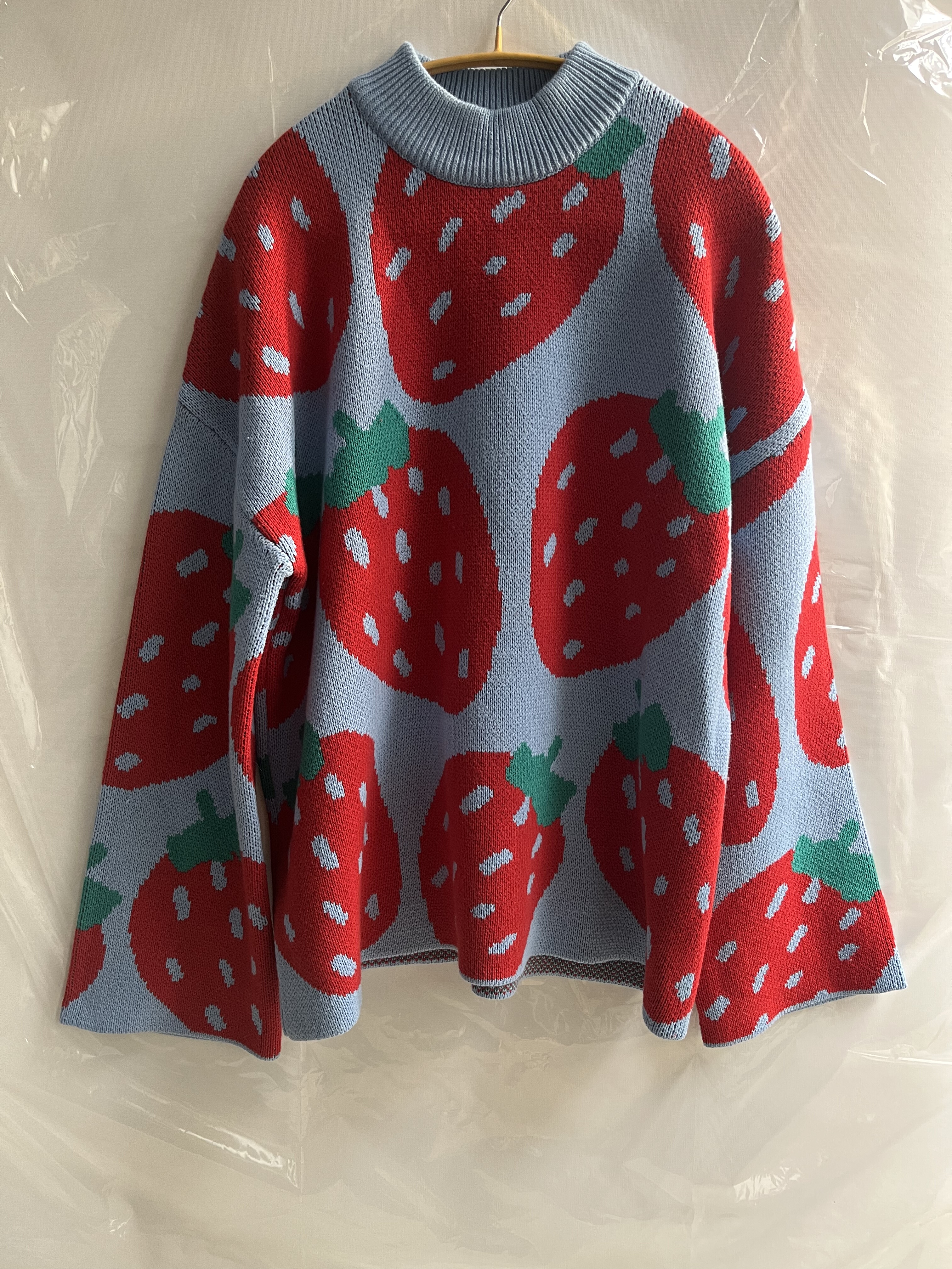 红色草莓红蓝绿提花棉针织毛衣长袖圆领套头上衣女式宽松个性设计