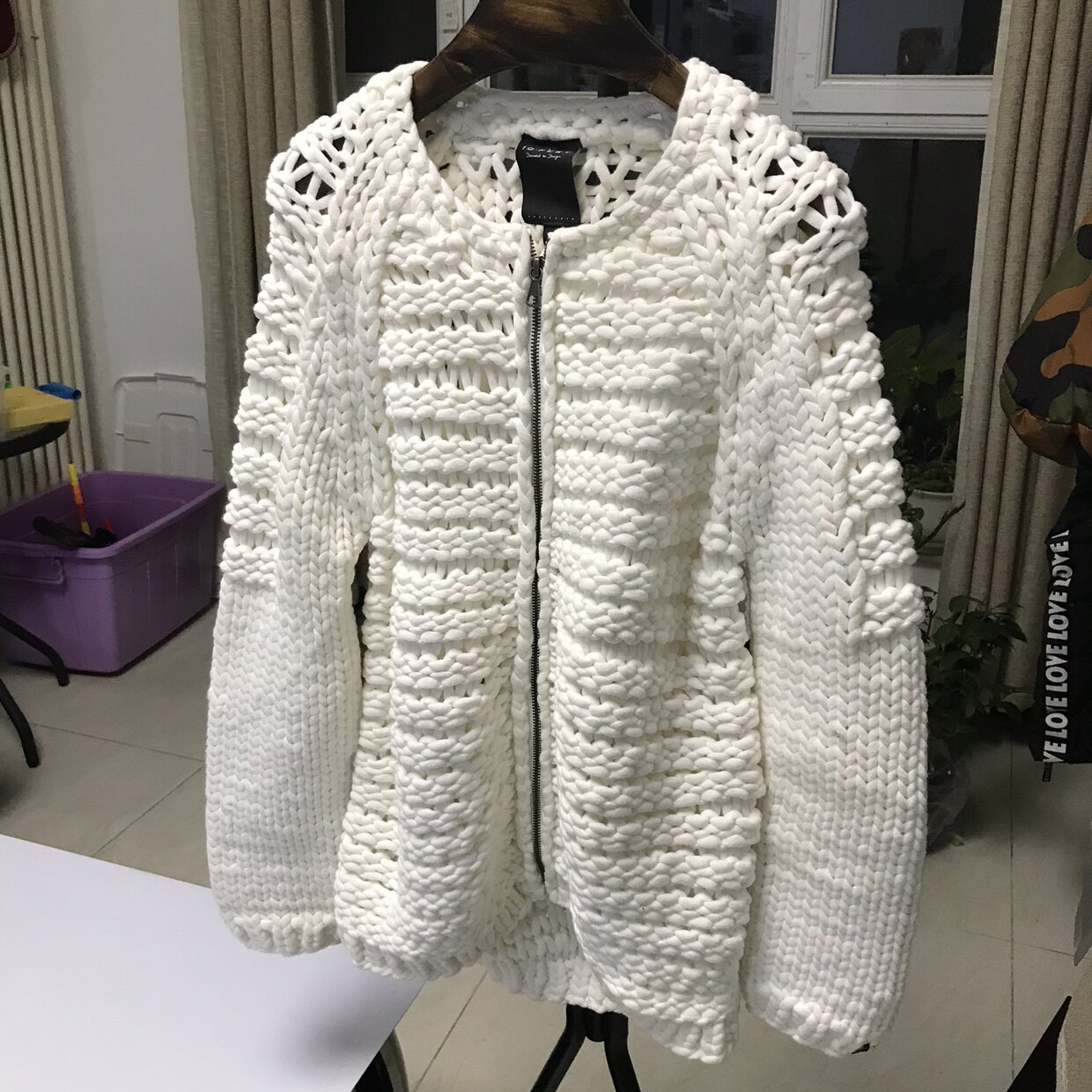 设计师白色带子纱针织艺术品圆领拉链长袖厚宽松开衫毛衣外套女式