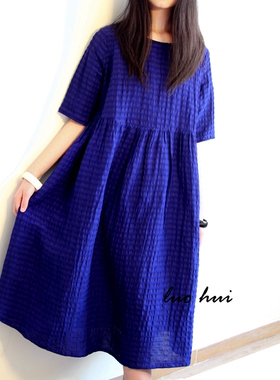 LUOHUI原创天丝亚麻文艺蓝色黑色圆领中袖褶皱长连衣裙森女宽松夏