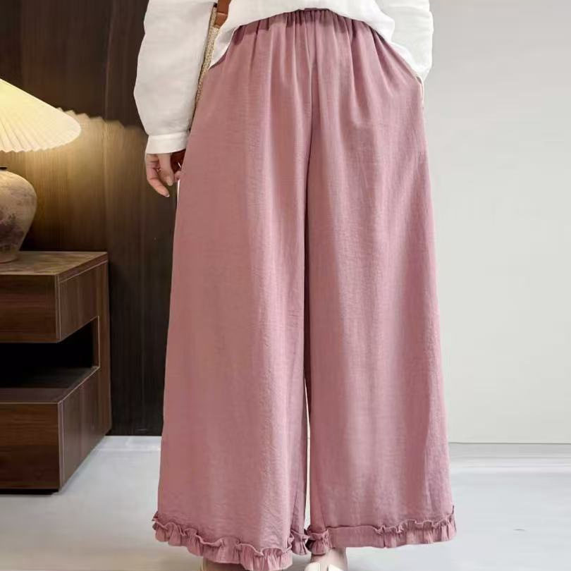 2026年夏款休闲裤女九分花苞裤松紧腰直筒宽松学院风薄款裤子亲肤