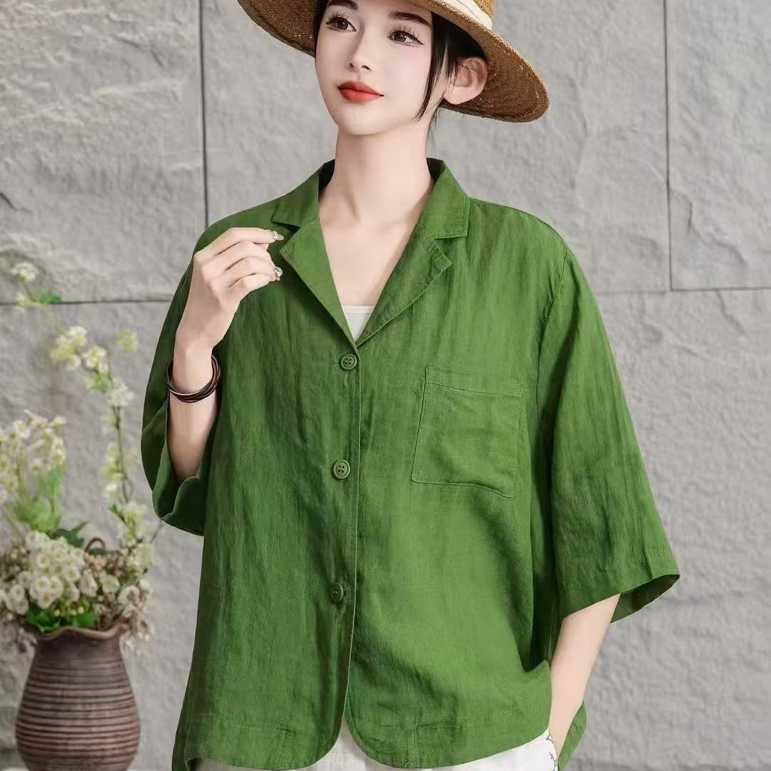 26年春款亚麻外套上衣女宽松休闲韩版小西装新款外套上衣时尚半袖