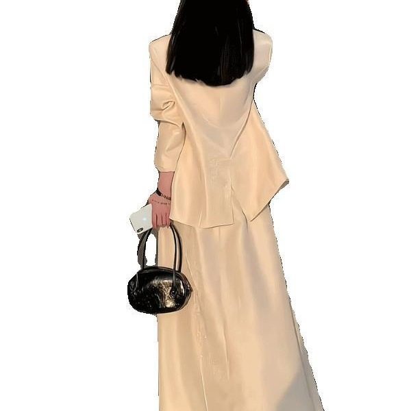 设计极简风中式时尚套装女春秋气质V领西装外套高腰A字长裙两件套