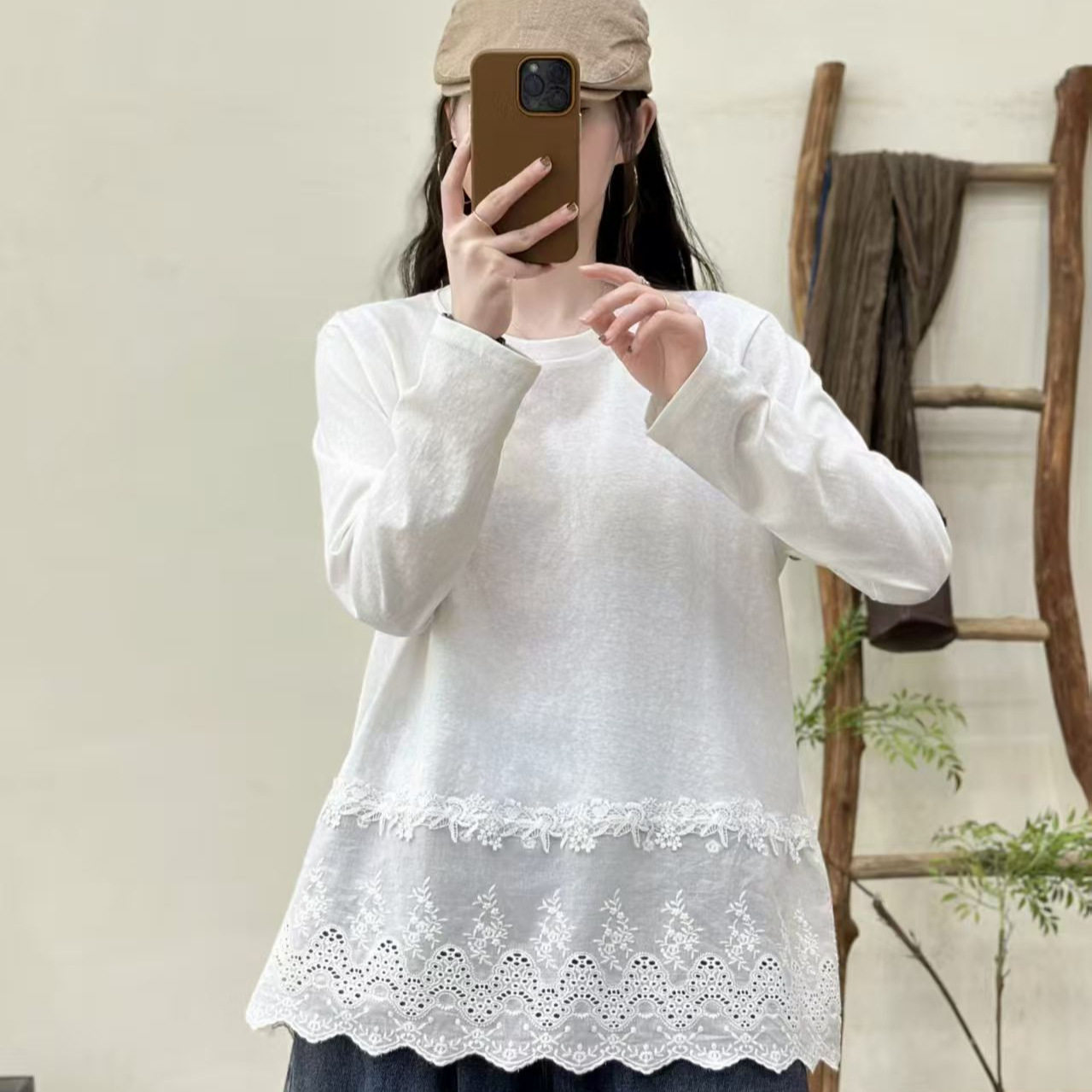 2026年春款T恤长袖女套头蕾丝拼接宽松休闲打底衫学院风打底上衣
