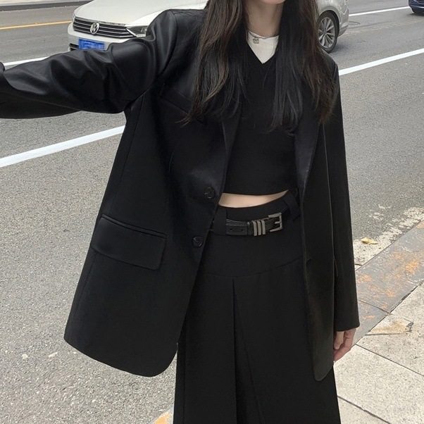 黑色皮衣西装外套女2026春季季韩版时尚新款宽松气质感小西服,女装/女士精品,皮衣,淘宝优惠券,粉丝福利购,淘宝优惠卷
