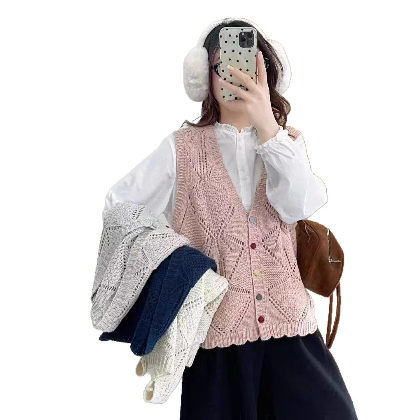 26年春款马甲女彩扣棉线毛衣马甲V领开衫镂空马夹学院风坎肩背心