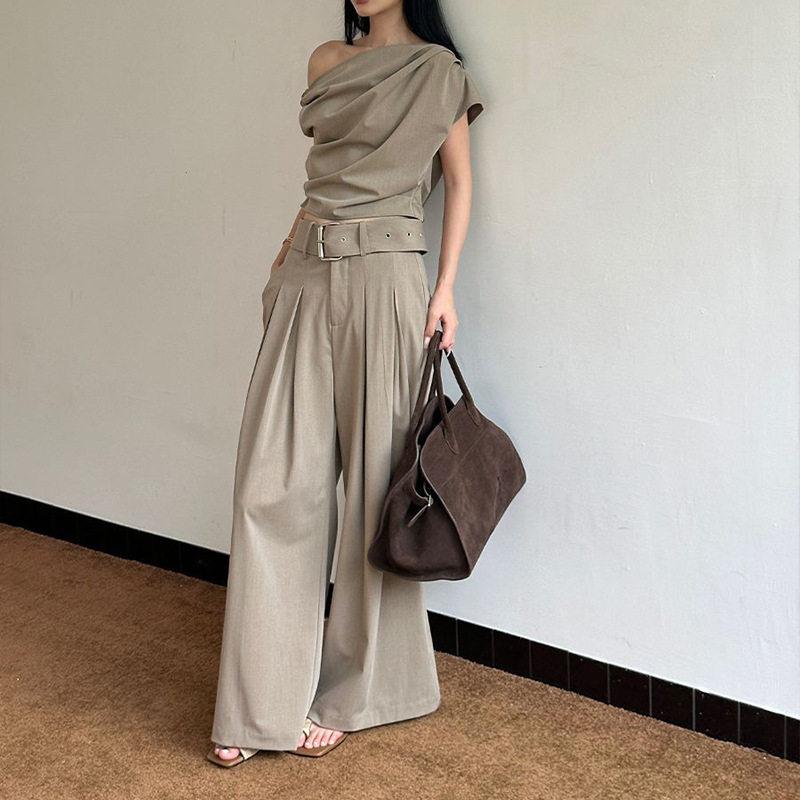 杏色不规则抹胸阔腿裤套装女时尚设计感上衣气质西装长裤两件套,女装/女士精品,休闲运动套装,淘宝优惠券,粉丝福利购,淘宝优惠卷