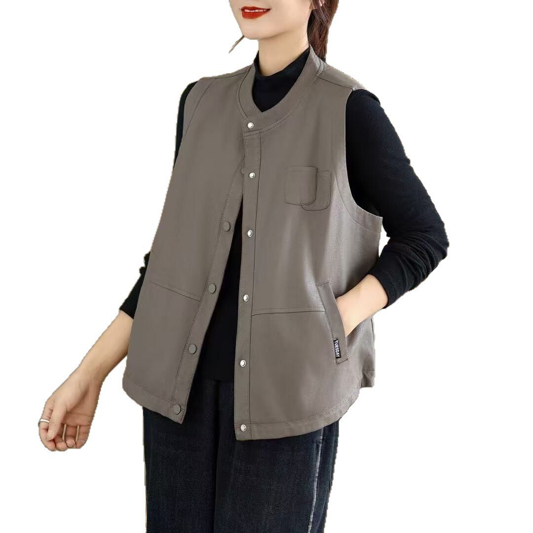 26年春款马甲女宽松休闲无袖皮衣马夹开衫慵懒风新款马夹坎肩背心