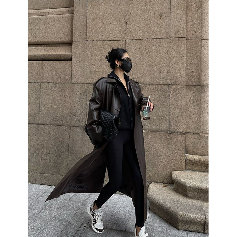 棕色复古中长款过膝pu皮衣外套感女2026年春秋新款宽松皮风衣,女装/女士精品,风衣,淘宝优惠券,粉丝福利购,淘宝优惠卷