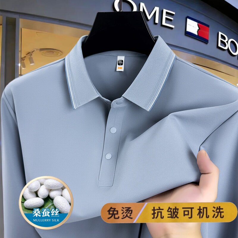 [天然桑蚕丝]专柜爆款汤米纯高端长袖桑蚕丝polo衫男士T恤衫秋冬图片