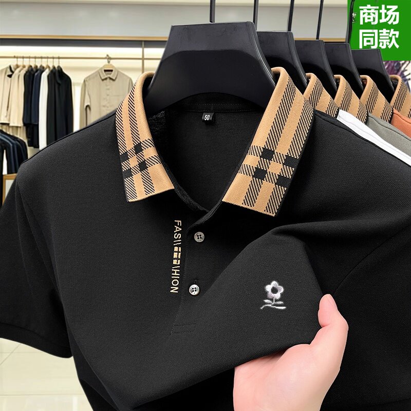 法国正品高级感丝光长绒棉短袖POLO衫男款中年爸爸商务休闲T恤夏