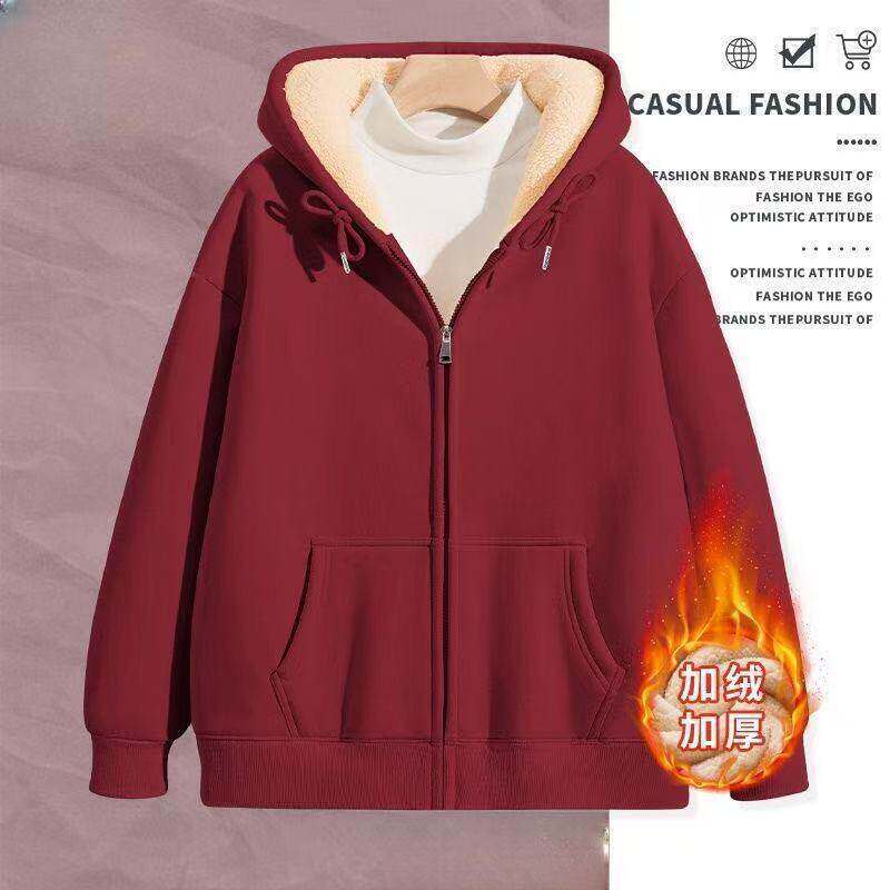 纯色休闲冬季男生新款复古简约开衫卫衣特厚加绒百搭上衣服