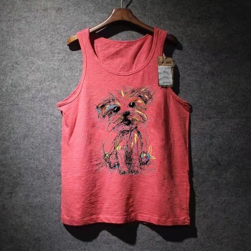 外贸尾货余货100%纯棉高街风印花背心男夏季宽松大码潮牌红色上衣