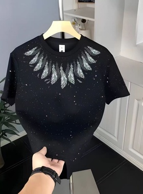 外贸余货美式潮牌黑色羽毛印花满天星亮片纯棉重磅短袖T恤男宽松