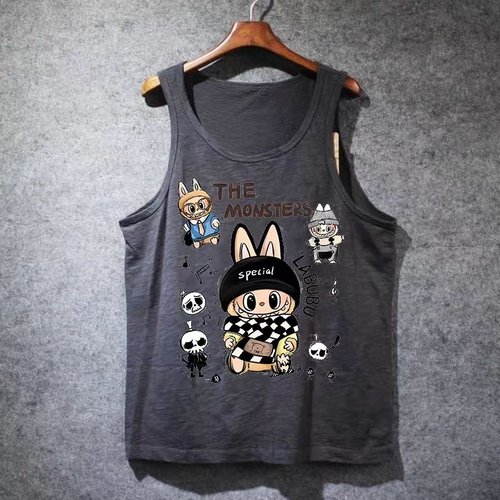 外贸尾货余货100%纯棉潮牌卡通印花无袖背心男女夏季宽松休闲上衣