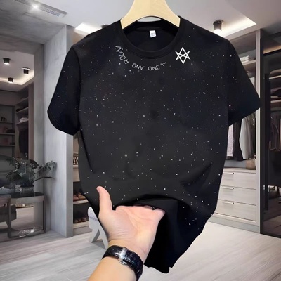 外贸余货夏季新款美式潮牌满天星亮片短袖T恤男宽松黑色上衣潮