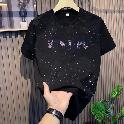 外贸余货美式潮牌满天星黑色短袖T恤男宽松百搭亮片高级感上衣