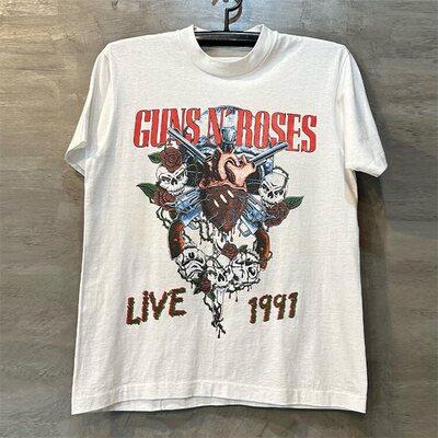 Guns'N'Roses枪花乐队玫瑰花骷髅头摇滚hiphop男女300克重磅棉T恤