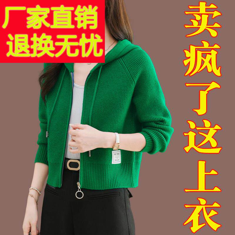 连帽针织衫女开衫春秋帽衫羊毛衫外搭配裙子的短款高腰毛衣短外套