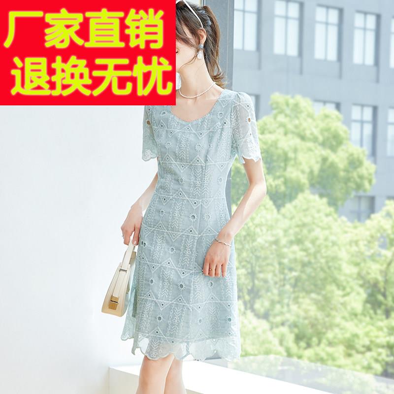 蓝色方领法式收腰真丝桑蚕丝洋装高级感2025夏季新款爆款裙子