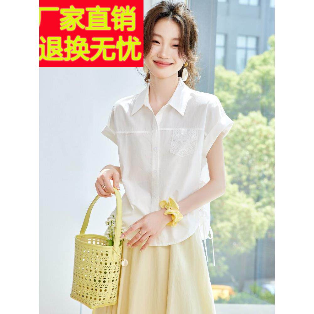 白色纯棉短袖衬衫女夏薄款2025新款宽松翻领上衣时尚洋气减龄衬衣
