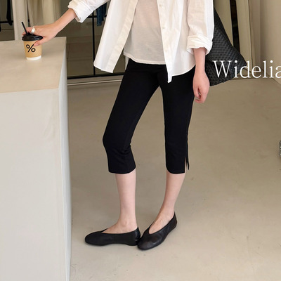 widelia陈魅儿2026春季新款 极简风显瘦黑色七分裤开衩卡普里裤女