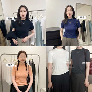 widelia陈魅儿2024秋季新款 韩版百搭修身纯色小立领短袖t恤 7106