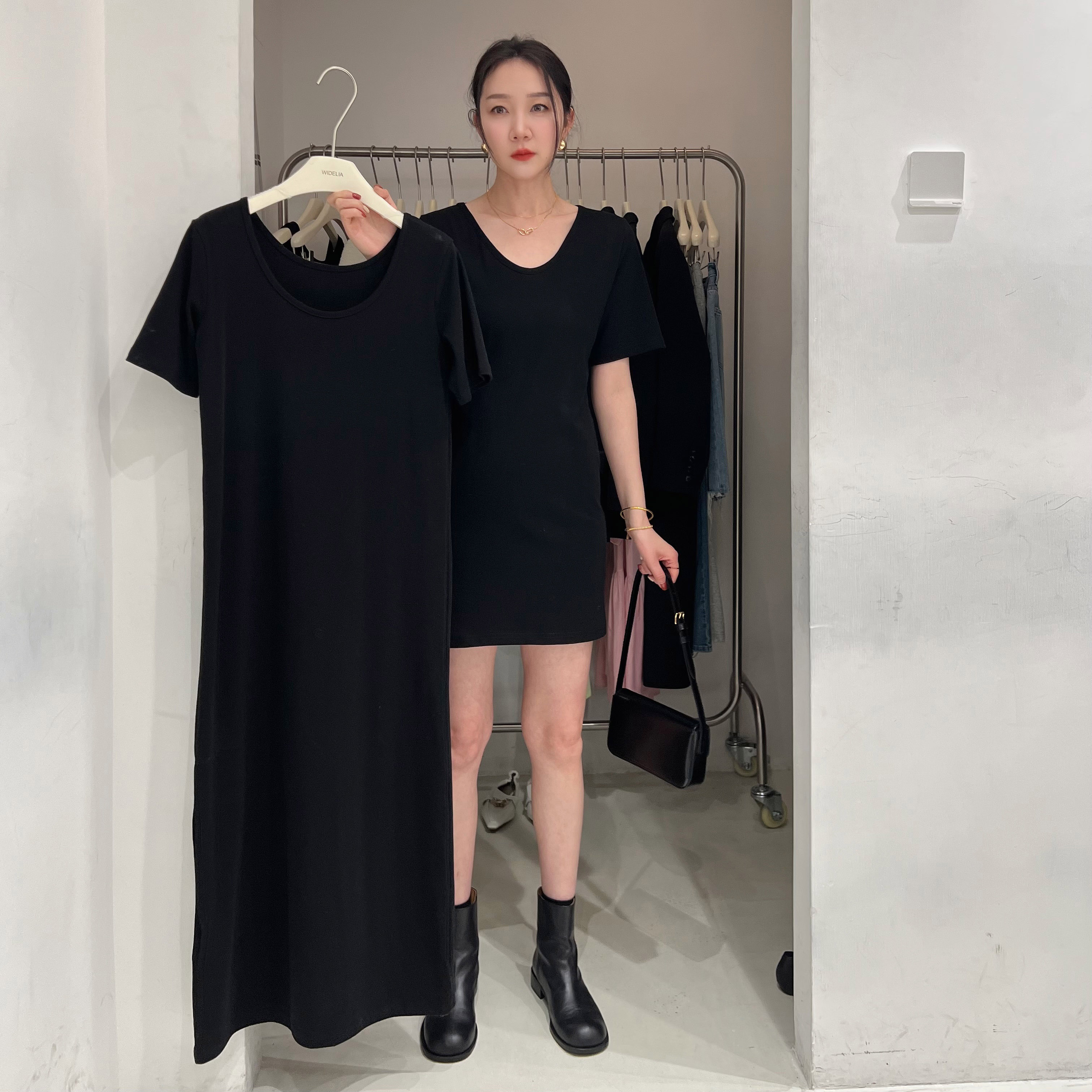 widelia陈魅儿2025秋季新款 百搭纯色长款短款T恤连衣裙7100+7007